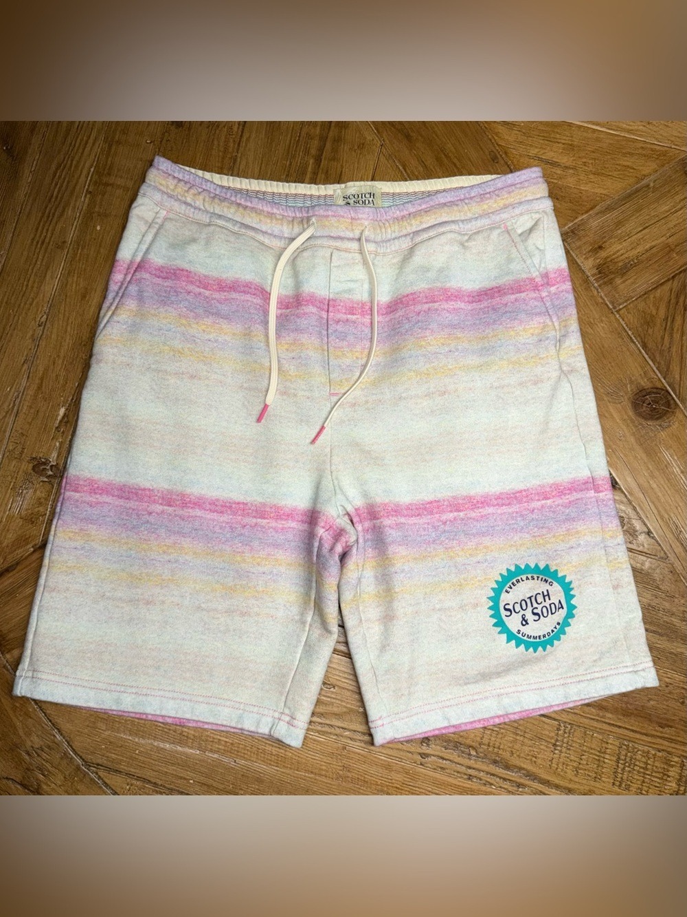 Scotch & Soda Men's Pastel Stripe Sweat Shorts Size Medium Sunburst Graphic